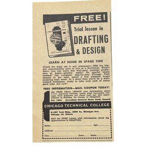 Chicago Technical School Mini Print Ad Vintage 1963 Learn Drafting and Design
